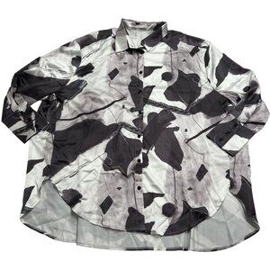 Charcoal Button Front Satin Tunic in White Print